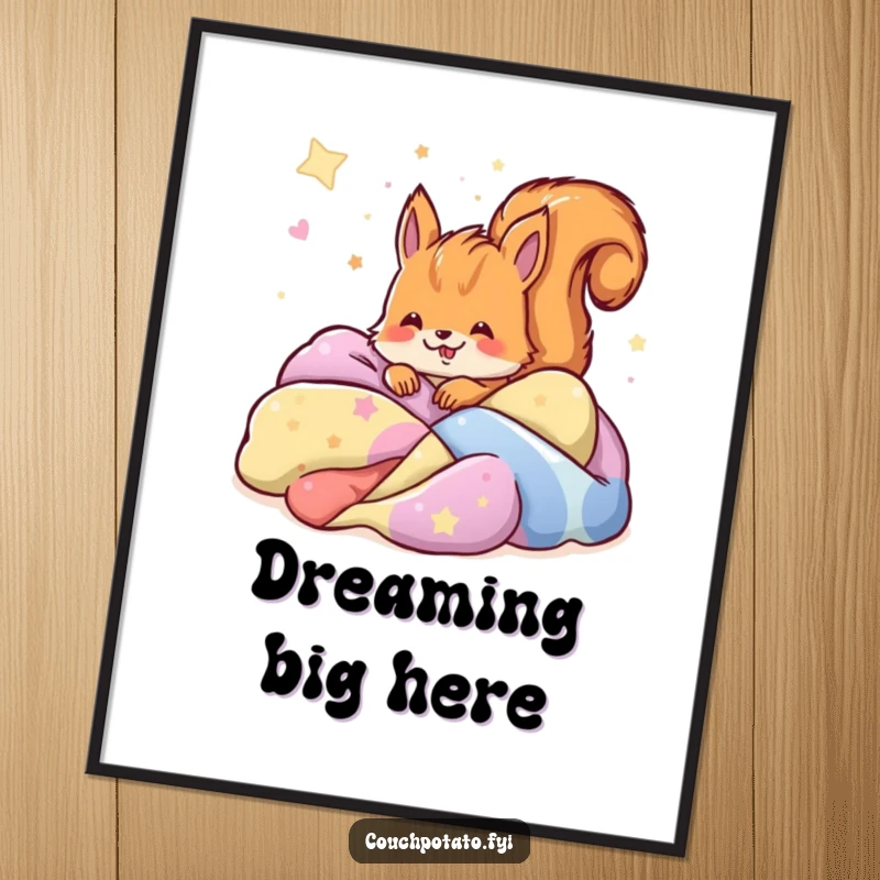 Funny squirrel buried in colorful blankets dreaming peacefully, available as high-resolution digital art.