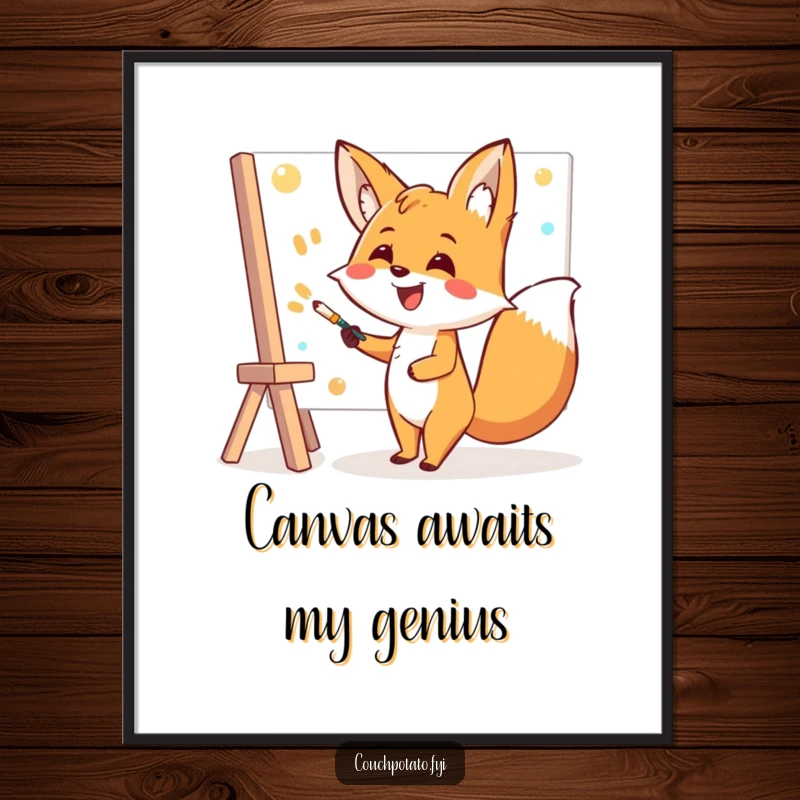 Funny Fox Digital Art Print: A cheerful fox artist enthusiastically paints a large canvas with a big smile, a joyful scene.
