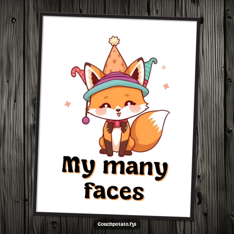 Funny playful fox attempting to wear many hats at once, available as a downloadable digital art print for humorous display.