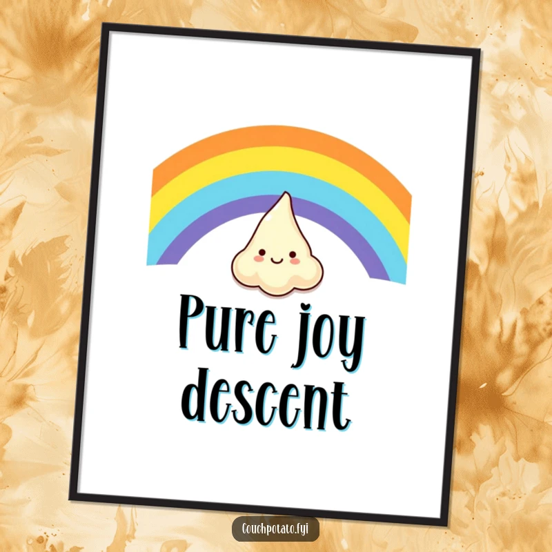 Funny digital art print of a happy cream cheese character sliding down a colorful rainbow, perfect for joyful digital display.