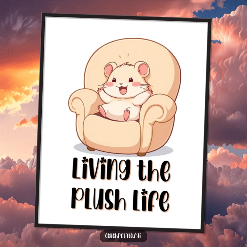 Funny hamster happily rolling in a giant, plush armchair, available as a digital art print, offering humorous decor.