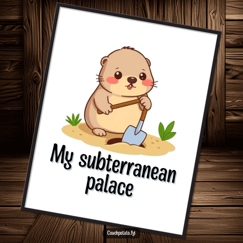 Funny mole digger digital art, a diligent mole using a spade to dig a small hole in the ground, humorous downloadable wall art.