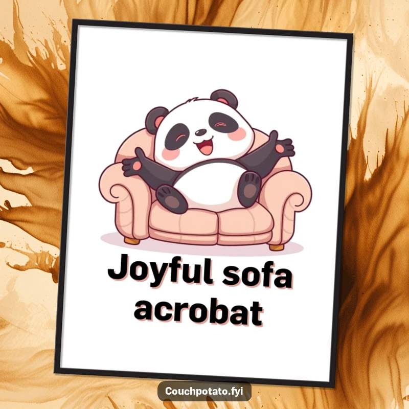 Funny panda digital art print of a giggling character doing a joyful sofa roll, bringing instant cheer and vibrant energy.