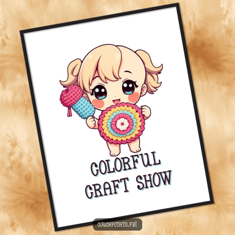 Funny digital art print of a character proudly displaying a finished, colorful crocheted object with a flourish, celebrating handmade success.