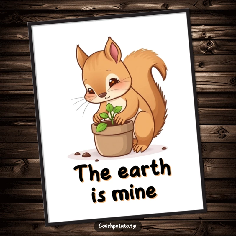 Funny squirrel planter digital art, a focused squirrel planting a tiny sprout in a pot, engaging and humorous downloadable art.
