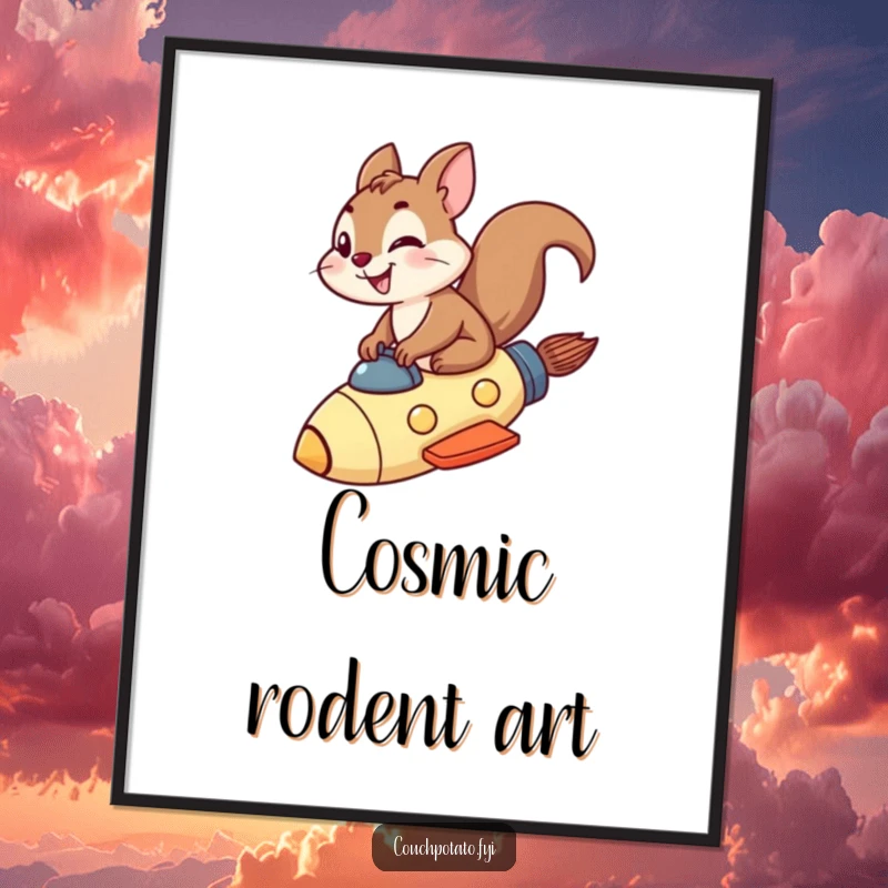 Funny squirrel rocket digital art print of a grinning squirrel riding a rocket ship through the sky.