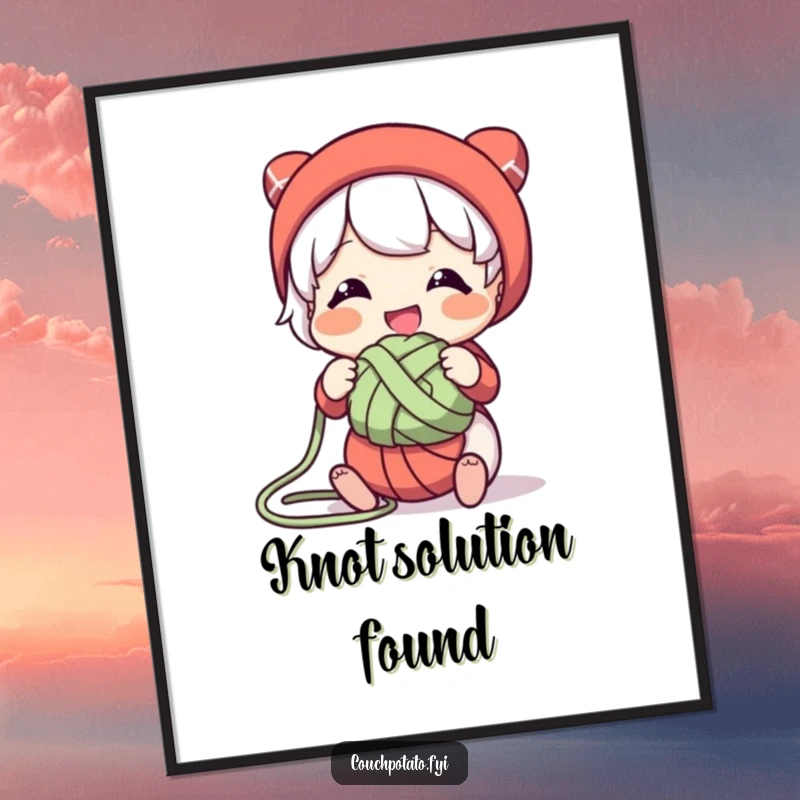 Funny digital art print of a character smiling while playfully untangling a knot of yarn, celebrating patience and the crafting process.