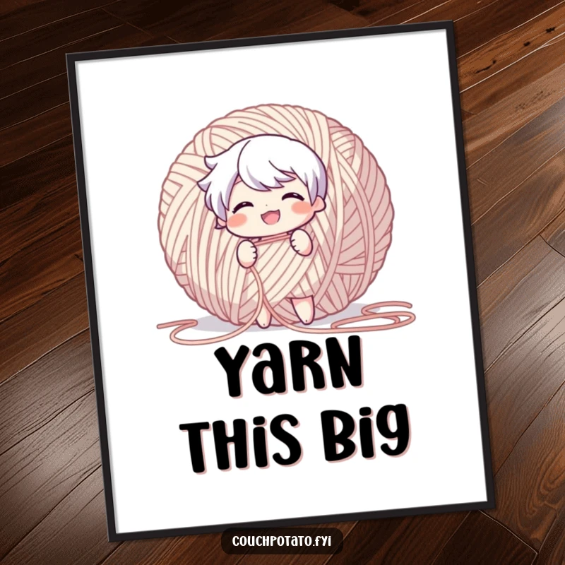 Funny Digital Art Print of a character gleefully pulling a long thread from a giant ball of yarn.