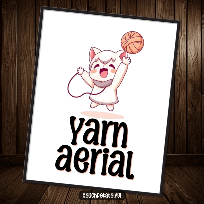 Funny digital art print of a character joyfully tossing a ball of yarn, capturing a whimsical and energetic crafting moment.