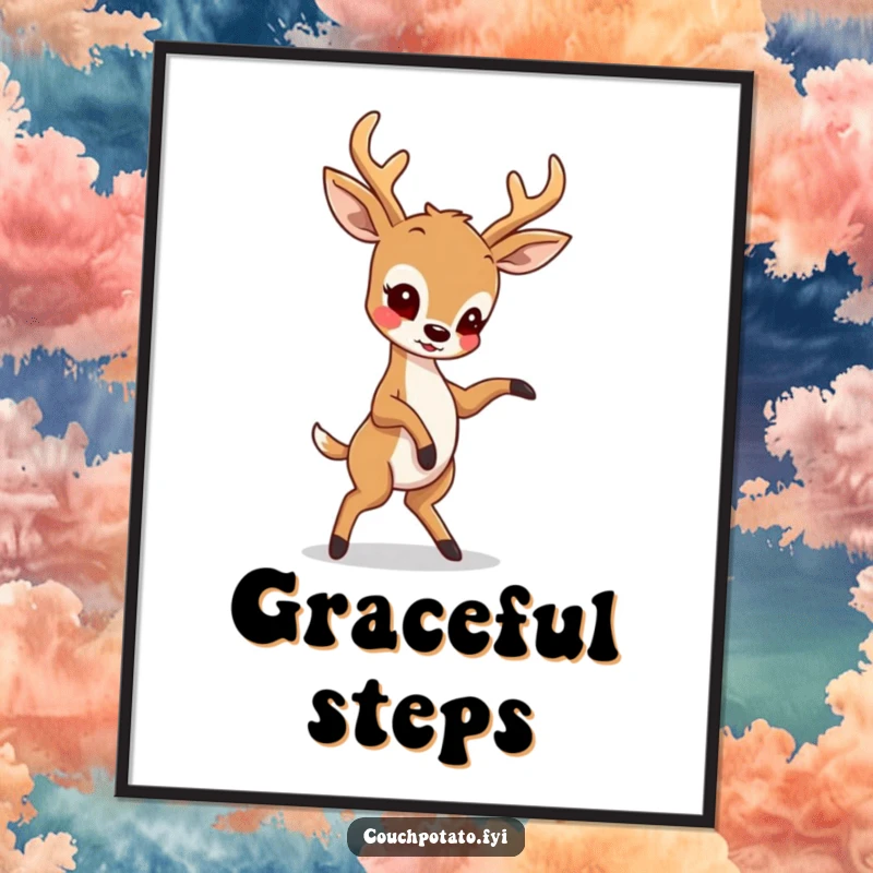 Funny digital art print of a deer performing a dynamic and slightly comical dance move, ideal for humorous wall decor.