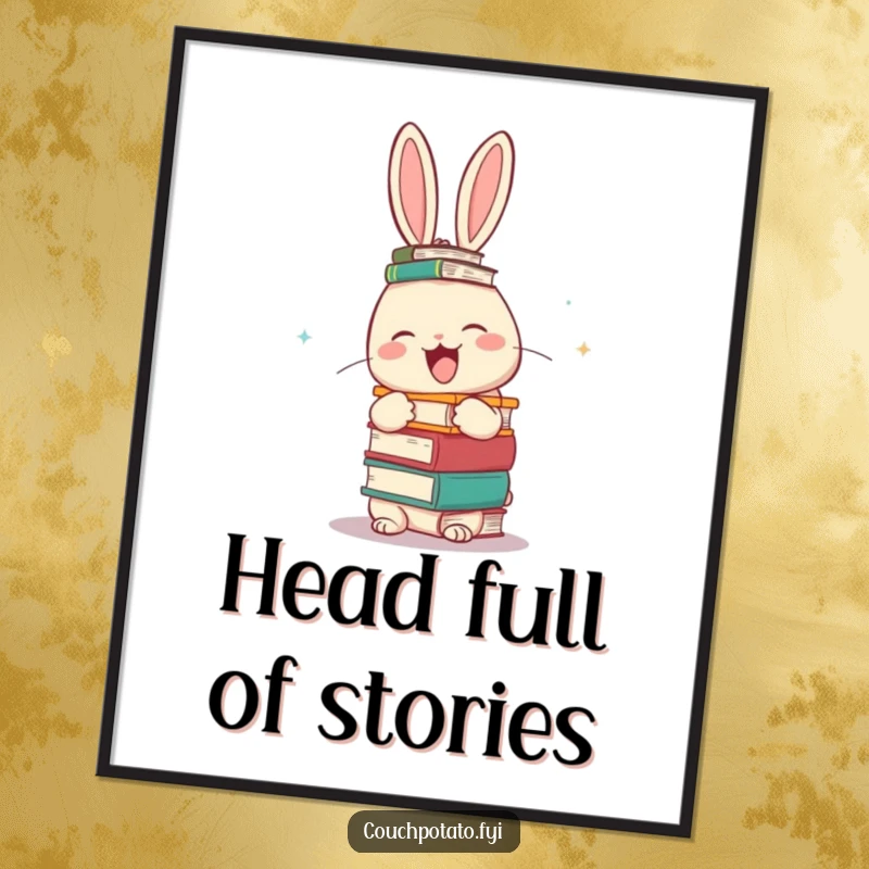 Funny giggling rabbit balancing a stack of books on its head, presented as a downloadable digital art print for humorous display.