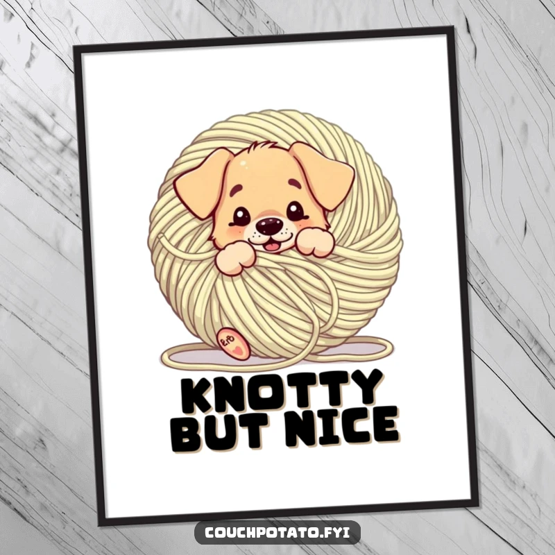 Funny puppy comically tangled in a giant ball of yarn, available as a digital art print, offering humorous decor.
