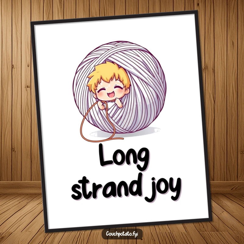 Funny digital art print of a character grinning while pulling a long thread from a giant ball of yarn, symbolizing endless creativity.
