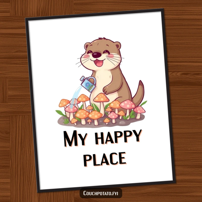 Funny digital art print of a happy otter watering a patch of tiny, vibrant mushrooms, capturing a moment of gentle, whimsical nature.