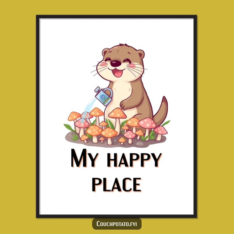 Funny Otter Watering Mushrooms Digital Print: Instant Whimsical Wall Art Gift