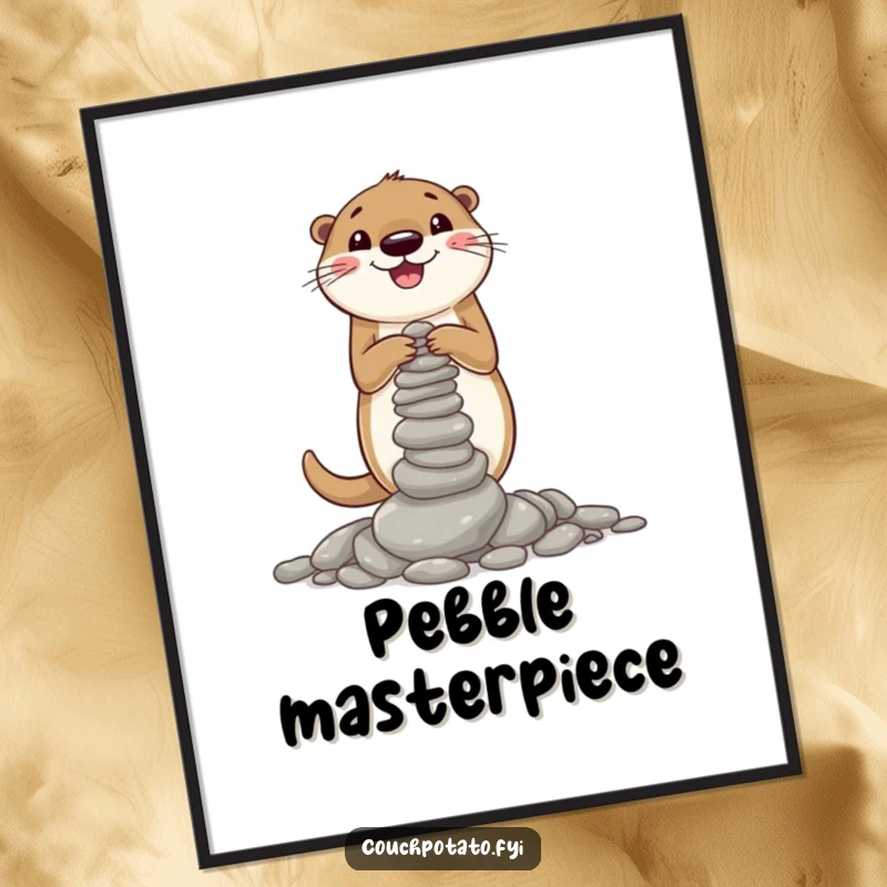 Funny digital art print of a cheerful otter concentrating on building a small, unstable tower of pebbles, perfect for humorous wall decor.