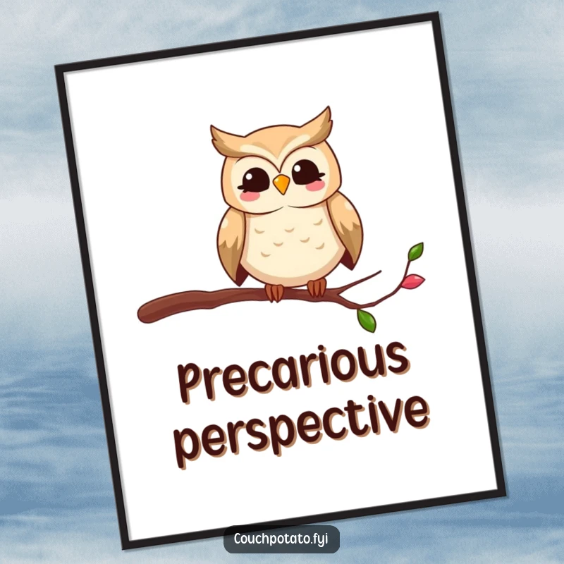 Funny owl digital art print of a smiling bird humorously balancing on a thin branch, offering vibrant, comical wall decor.