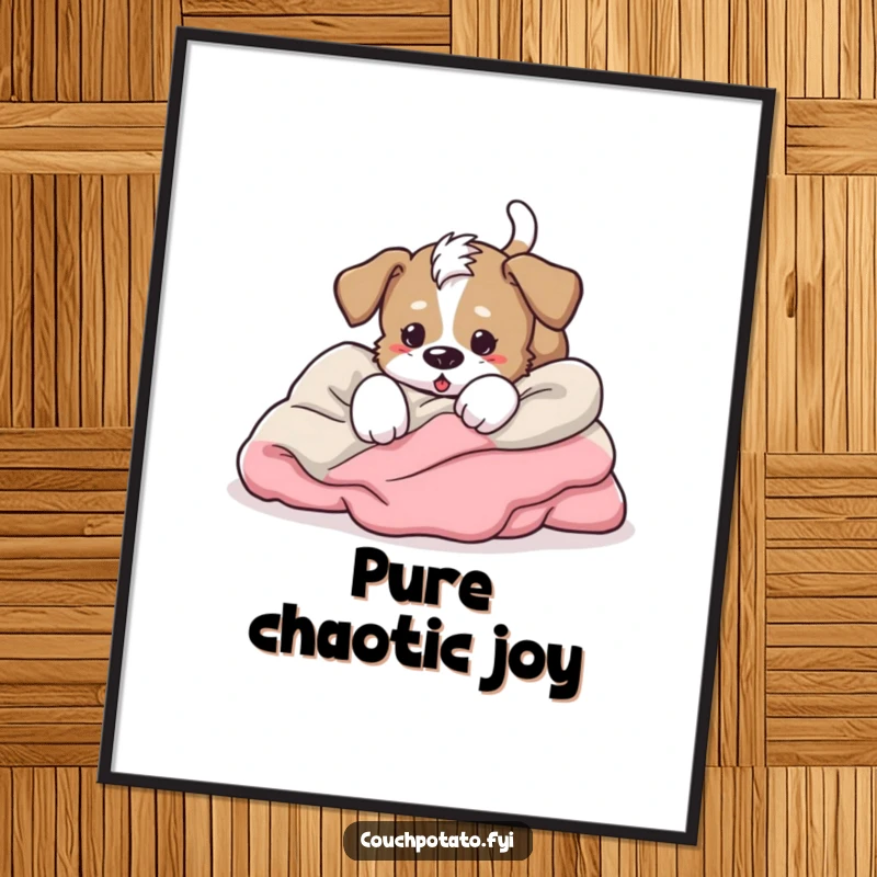 Funny energetic puppy tumbling headfirst into blankets, tail wagging furiously, a joyful digital art print.