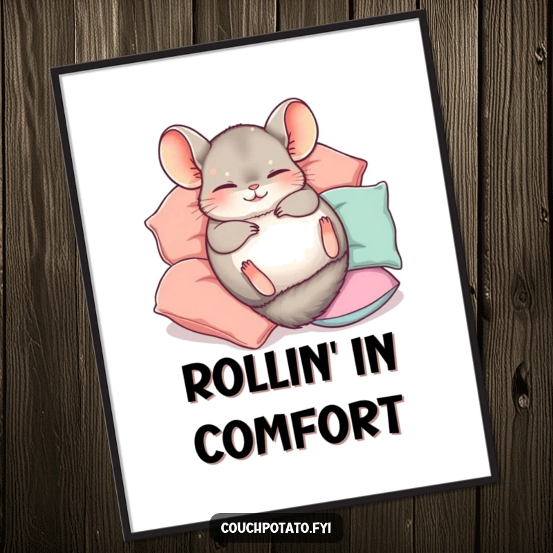 Funny Chinchilla Digital Art Print of a cute chinchilla happily rolling on its back surrounded by pillows, bringing instant cheer.