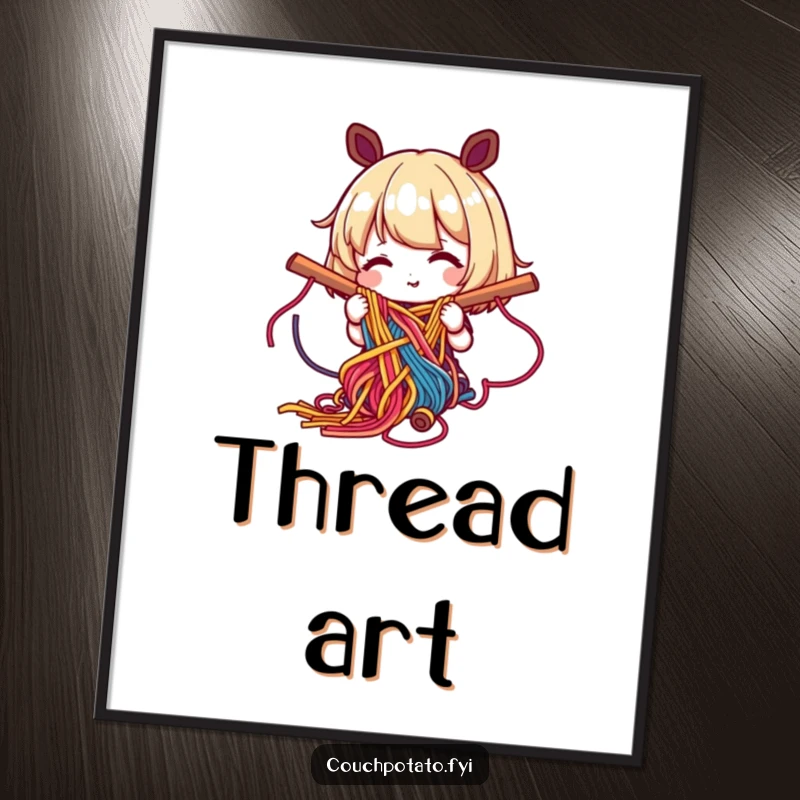 Funny digital art print of a happy character weaving colorful yarn into a complex pattern, celebrating intricate textile art.