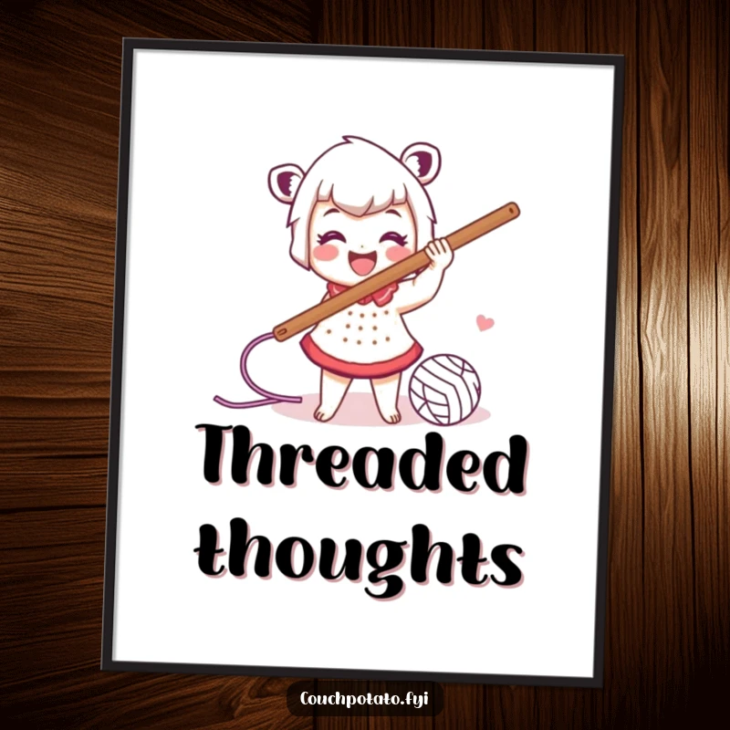 Funny digital art print of a smiling character energetically swinging a large crochet hook with trailing yarn, capturing crafting passion.