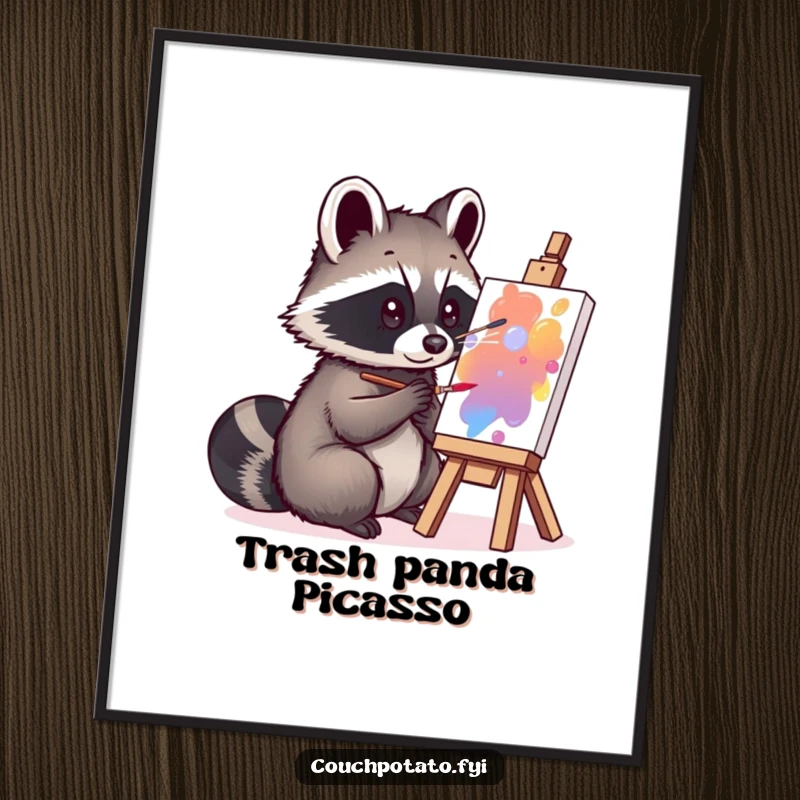 Funny curious raccoon painting on a small canvas, presented as a downloadable digital art print for humorous display.