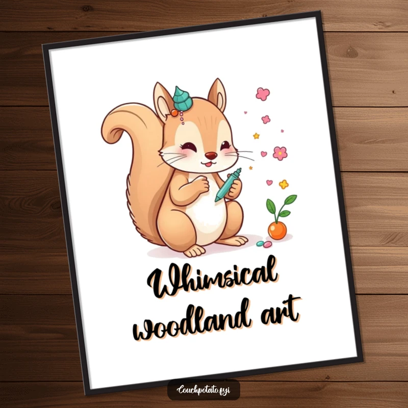 Funny creative squirrel gluing decorative elements onto a whimsical art piece, as a funny digital art print for instant decor.
