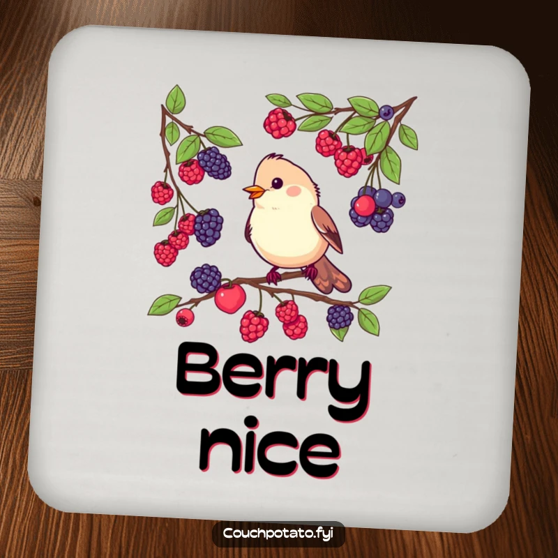 Funny drink coaster showing a busy bird tasting berries from different branches, adding a humorous and artistic touch to drink protection.