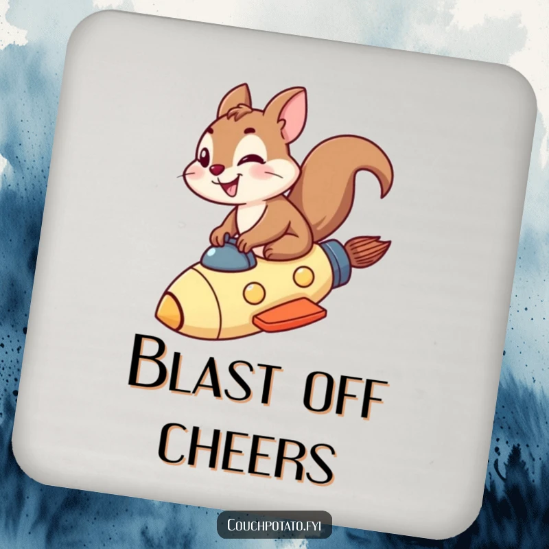 Funny squirrel rocket drink coaster depicting a grinning squirrel riding a rocket ship, protecting surfaces.