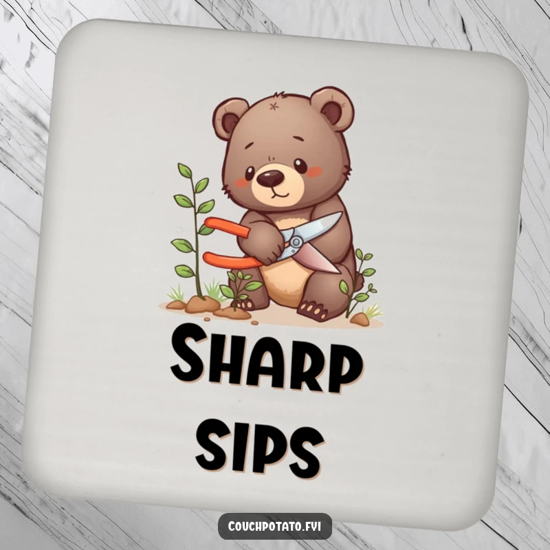 Funny bear cub drink coaster, a determined bear cub prunes a tiny bush, offering humorous protection.