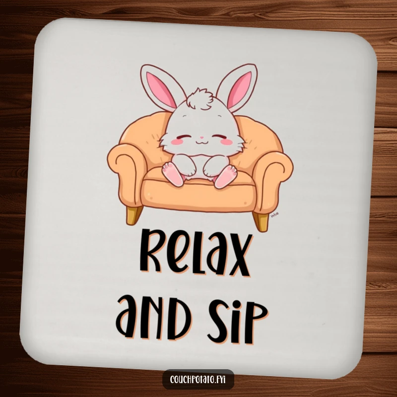 Funny Drink Coaster: A fluffy bunny lounges on a sofa with eyes closed and a content smile. A charming funny gift.
