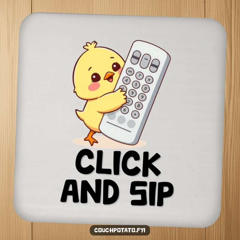 Funny cute chick character adorably attempting to hug an oversized television remote control on a round drink coaster.