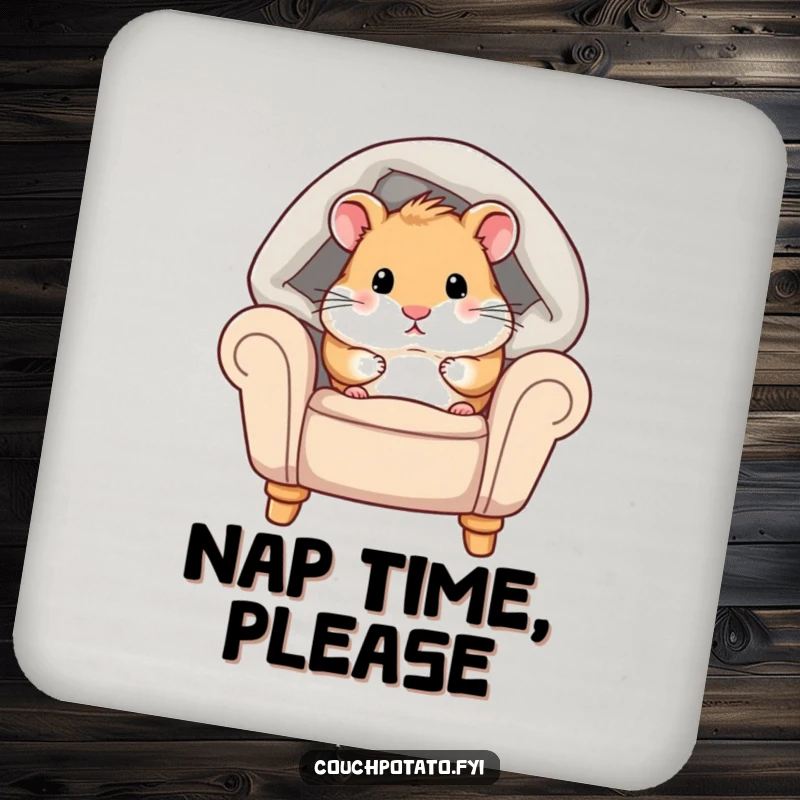 Funny hamster drink coaster featuring a chubby hamster peeking from under a cozy blanket on an armchair, offering surface protection with style.