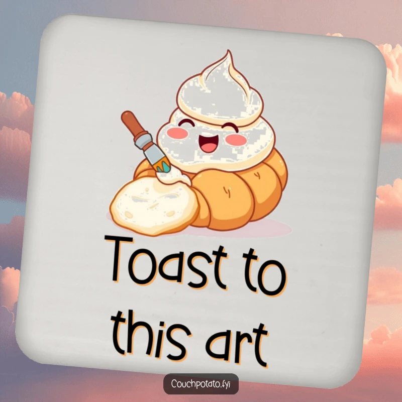 Funny drink coaster with a cream cheese tub painting a croissant, adding a touch of artistic humor.