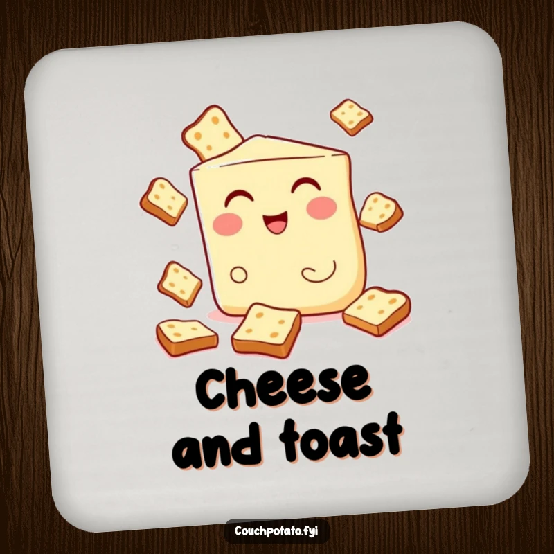 Funny coaster with a winking cream cheese wedge juggling toast, protecting surfaces with a humorous and breakfast-themed design.