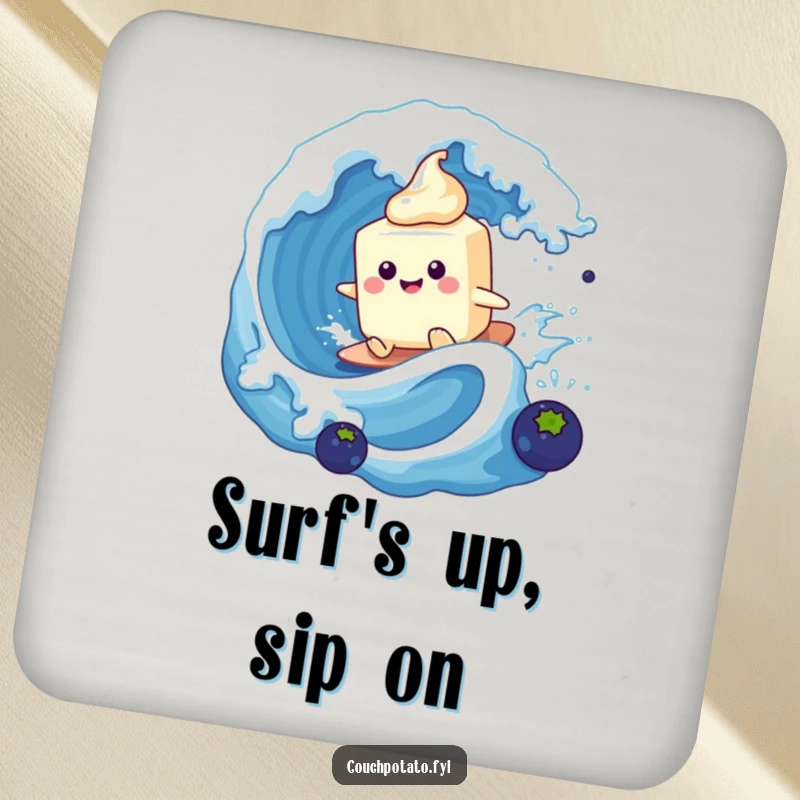 Funny cream cheese character surfing a blueberry wave, featured on a set of coasters to add a humorous beach vibe.