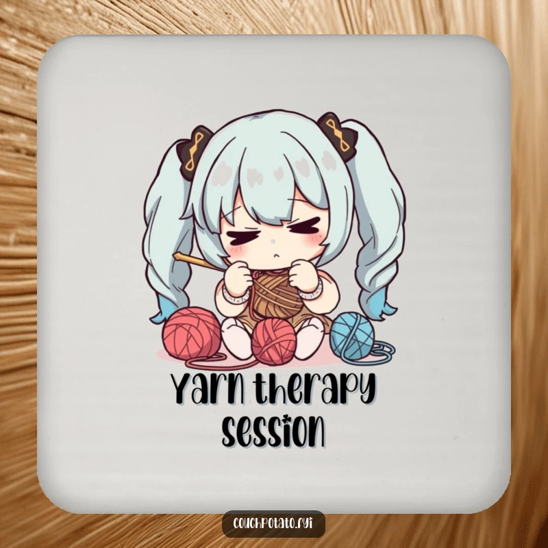 Funny drink coasters depicting a character intensely focused on yarn and needles, adding a humorous touch to tables.