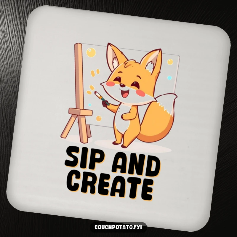 Funny Fox Coaster: A cheerful fox artist paints with a wide smile, protecting your drinks with artistic charm.