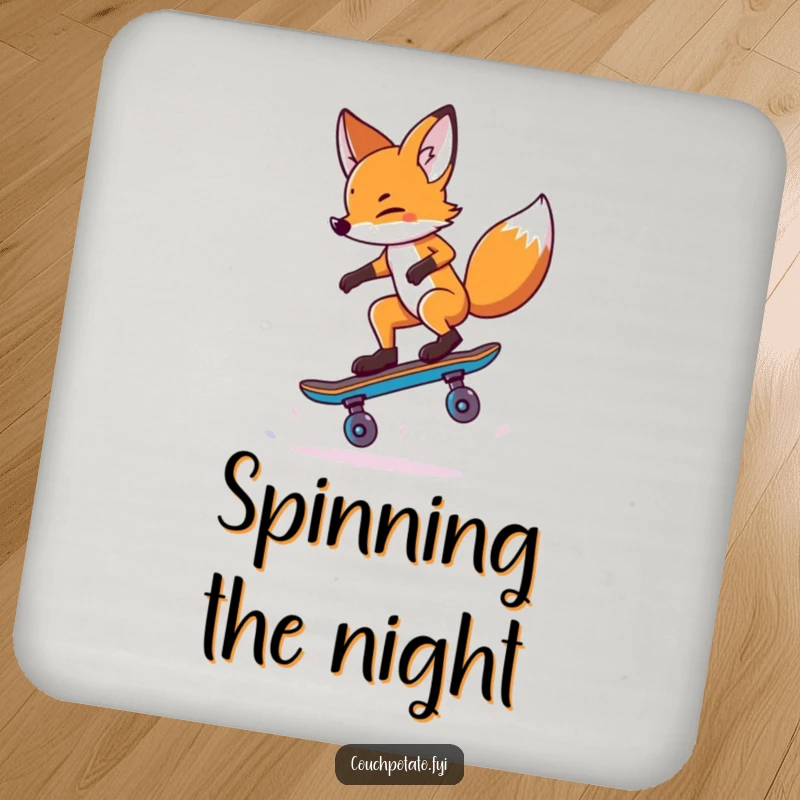Funny Fox Coaster: A daring fox balances on one skateboard wheel performing a trick, protecting surfaces with style.