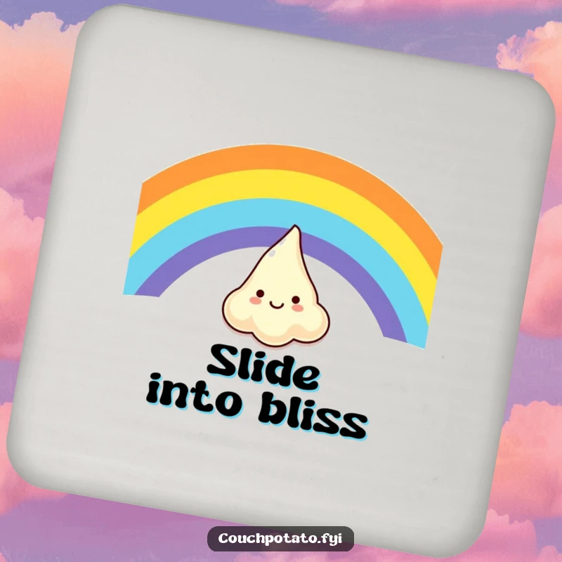 Funny drink coaster with a giggling cream cheese dollop sliding down a rainbow, adding humor to any drink setting.
