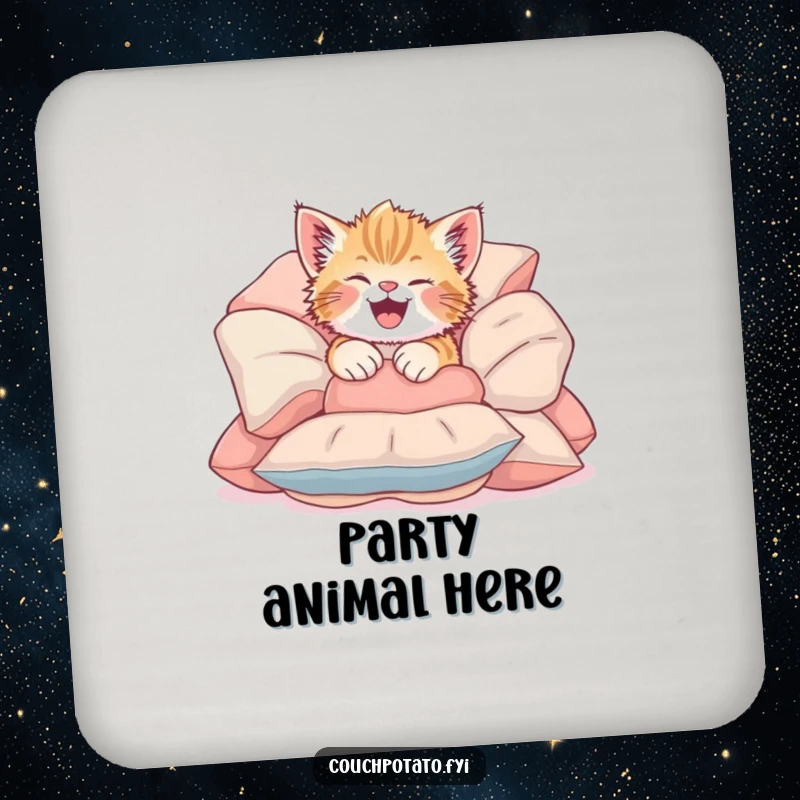 Funny Giggling Kitten Coaster showing a cute kitten tumbling into soft cushions, perfect for drink protection and playfulness.