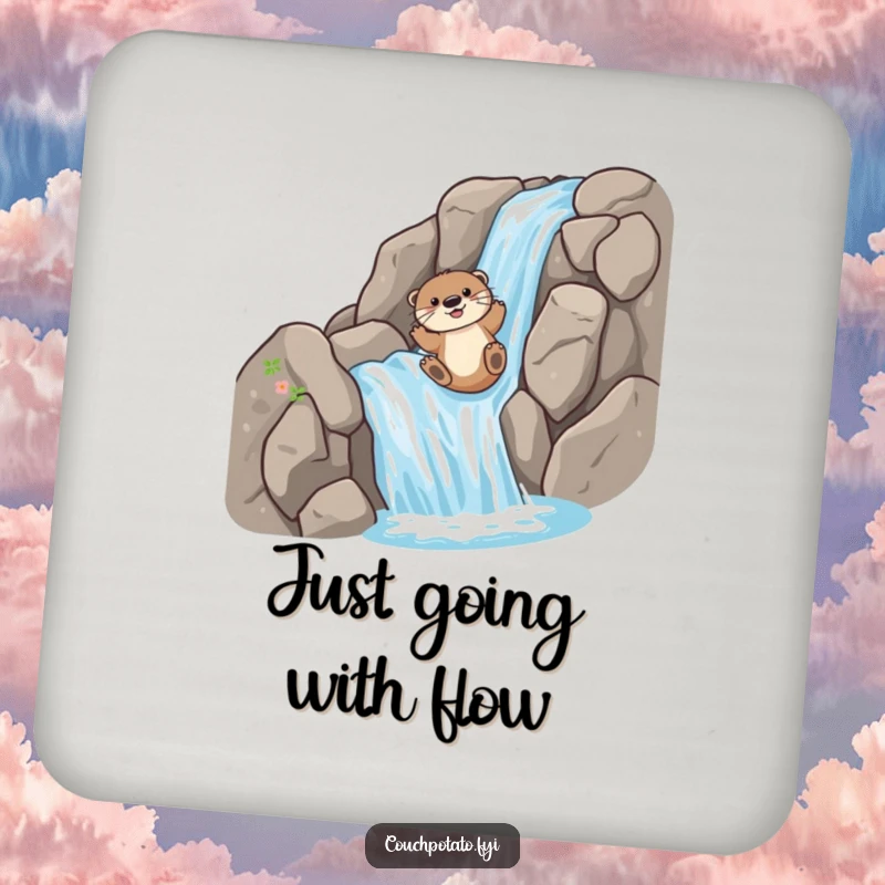 Funny Coaster: A playful otter slides down a rocky waterfall, protecting surfaces with adventurous, humorous flair.