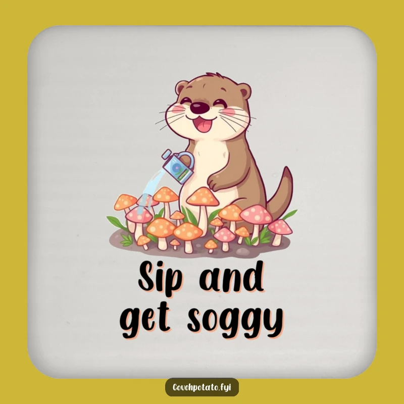 Funny Otter Watering Mushrooms Coaster: Protect Surfaces With Cute Art