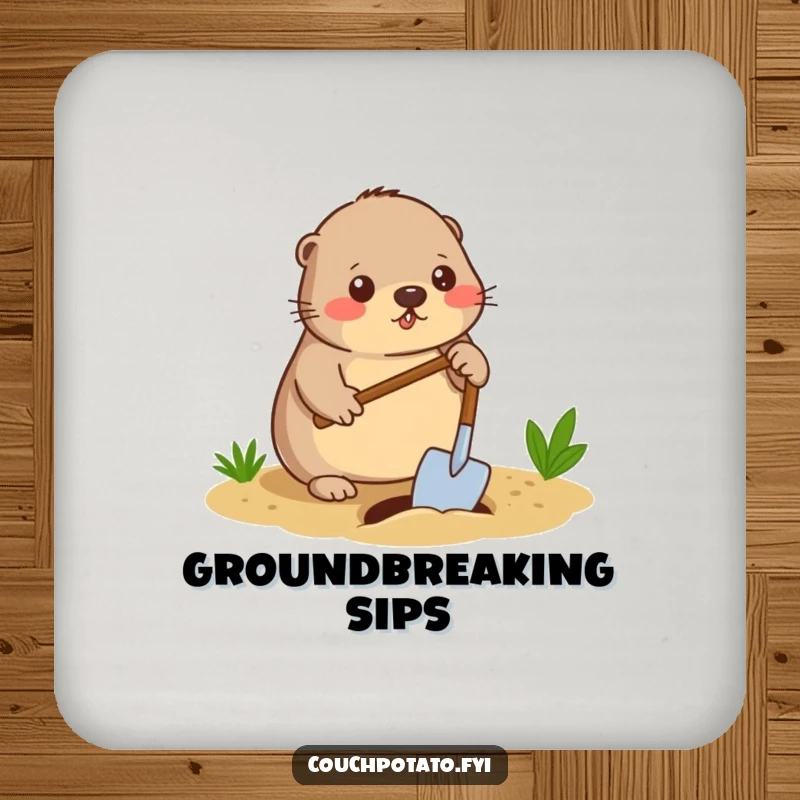 Funny mole digger coaster, a diligent mole digging a small hole in the ground with a spade, humorous and protective table accessory.