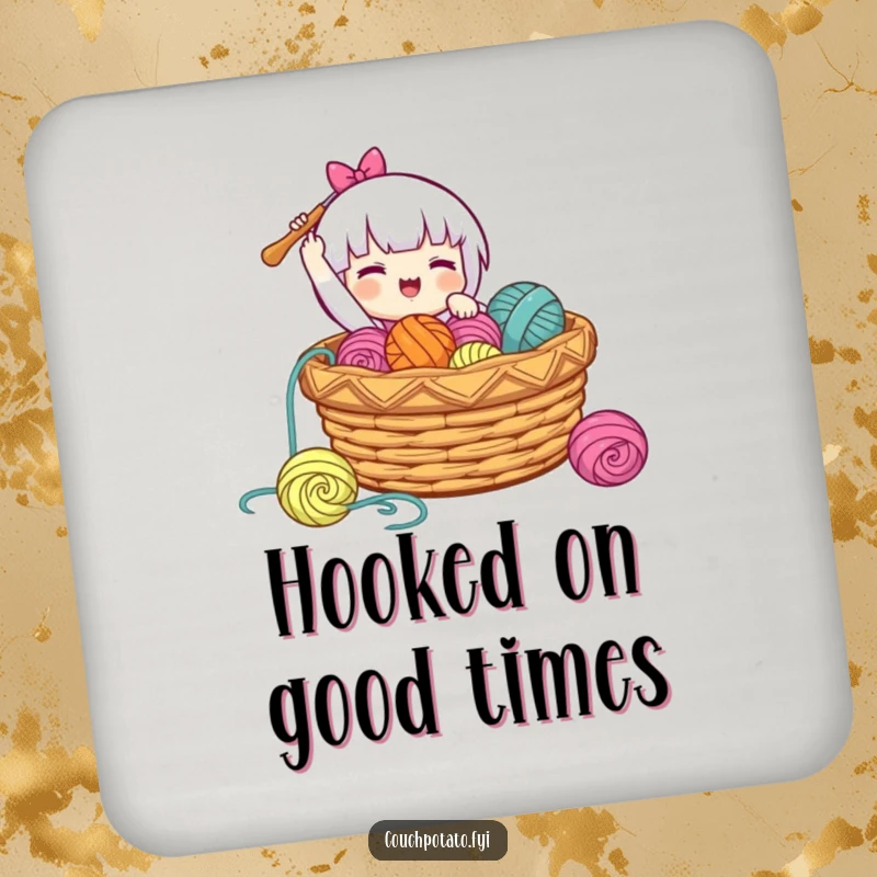 Funny drink coasters depicting a character gleefully dropping a crochet hook into a basket of yarn, adding cheerful protection.