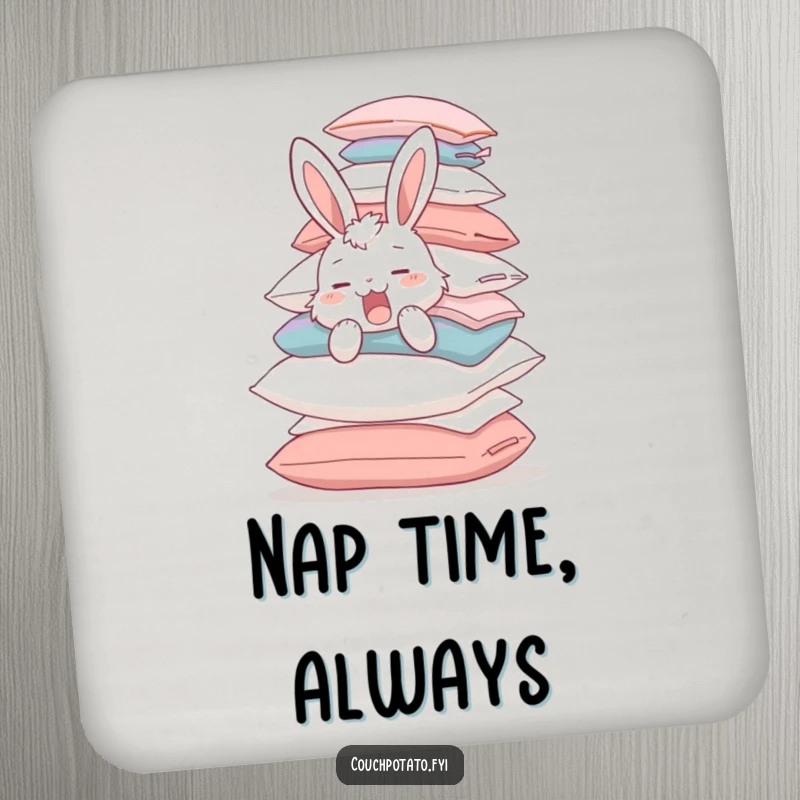 Funny yawning bunny balancing a huge stack of pillows, presented on a coaster, providing a humorous and practical surface protection.