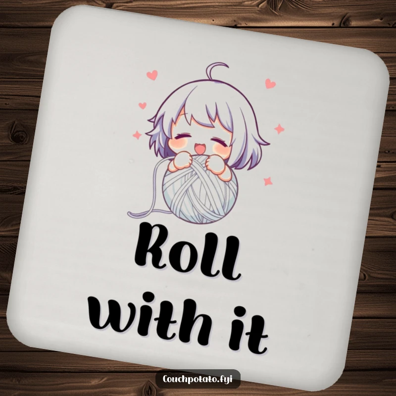Funny drink coasters showing a character swiftly and happily winding yarn into a neat ball, protecting surfaces with organized humor.