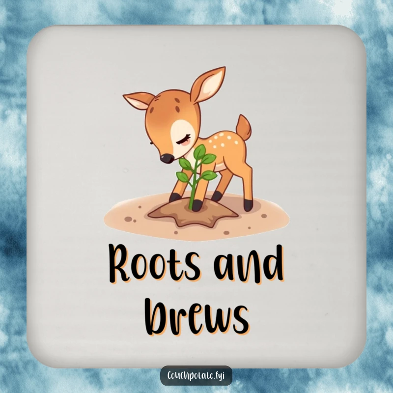 Funny deer drink coaster, a playful deer is shown patting soil around a sapling, offering humorous protection.