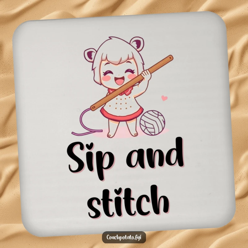 Funny drink coasters showing an energetic crocheter swinging a large crochet hook with yarn trailing, protecting surfaces with humor.