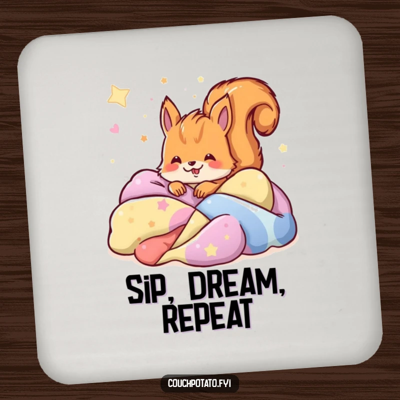 Funny squirrel buried in colorful blankets dreaming, serving as a humorous and protective drink coaster.